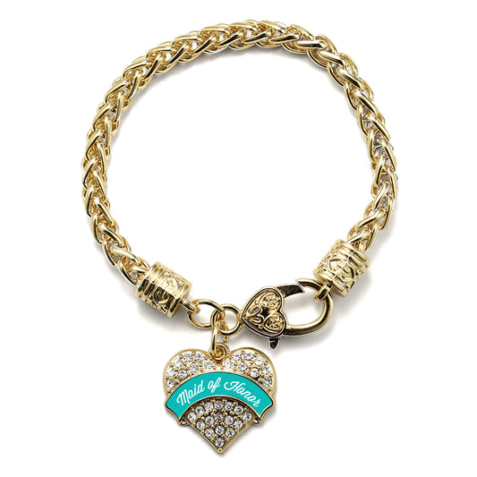 Gold Teal Maid of Honor Pave Heart Charm Braided Bracelet