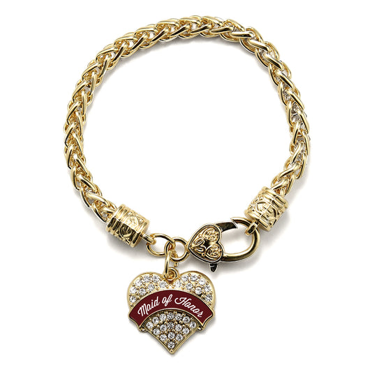 Gold Burgundy Maid of Honor Pave Heart Charm Braided Bracelet