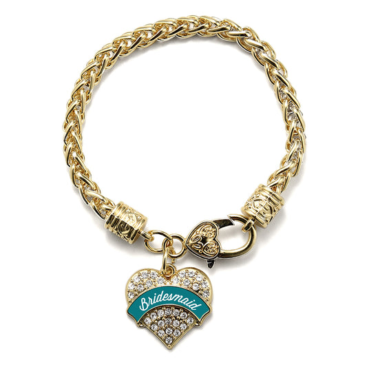 Gold Dark Teal Bridesmaid Pave Heart Charm Braided Bracelet