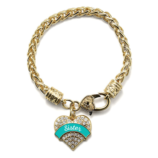 Gold Teal Sister Pave Heart Charm Braided Bracelet
