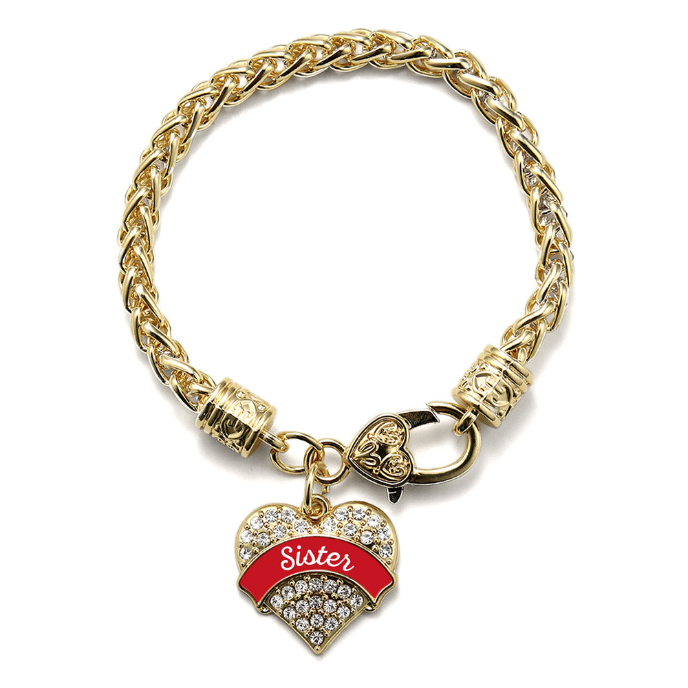 Gold Red Sister Pave Heart Charm Braided Bracelet