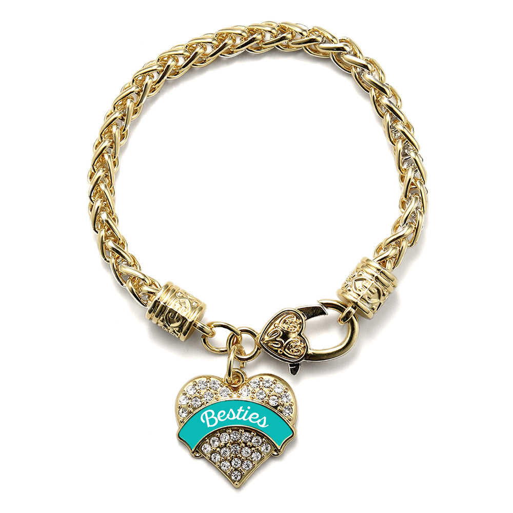 Gold Teal Besties Pave Heart Charm Braided Bracelet
