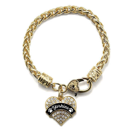 Gold Yorkies - Paw Prints Pave Heart Charm Braided Bracelet