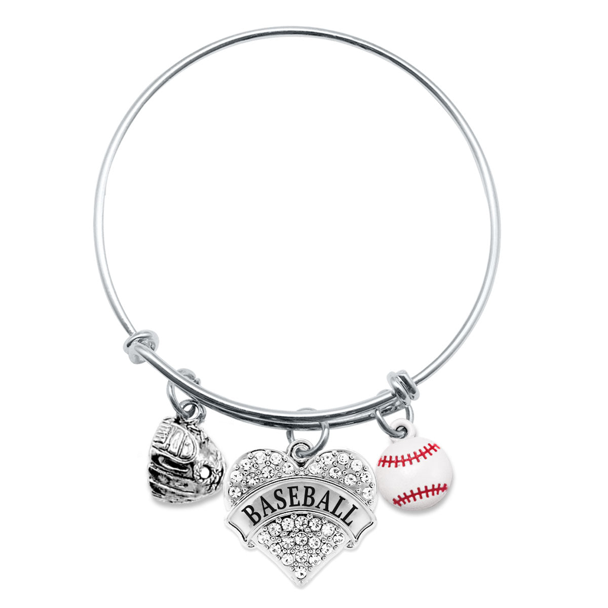 Silver Baseball Pave Heart Charm Wire Bangle Bracelet