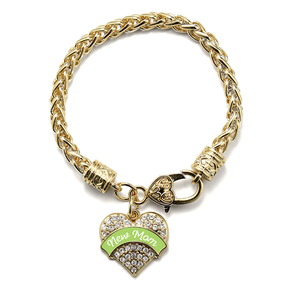 Gold Green New Mom Pave Heart Charm Braided Bracelet