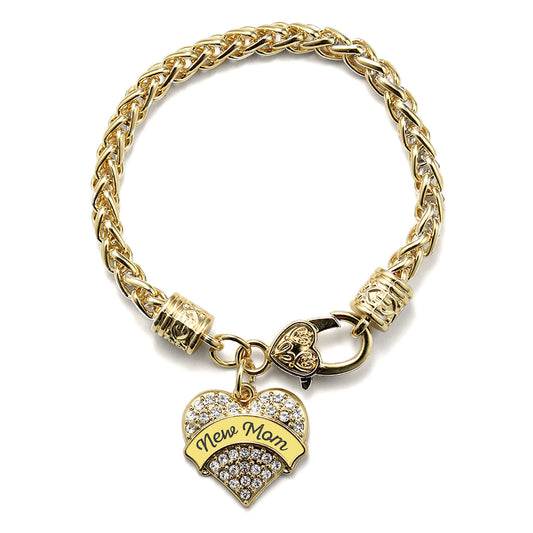 Gold Yellow New Mom Pave Heart Charm Braided Bracelet