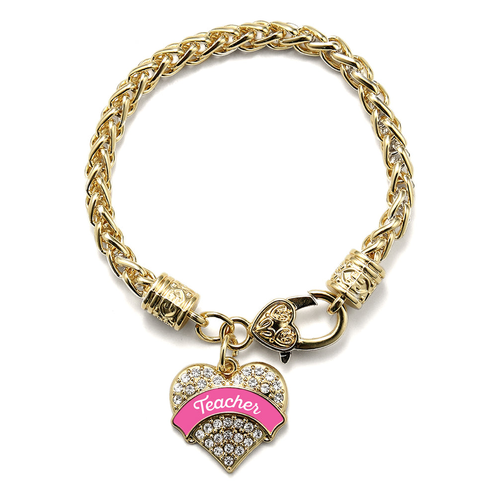 Gold Pink Teacher Pave Heart Charm Braided Bracelet