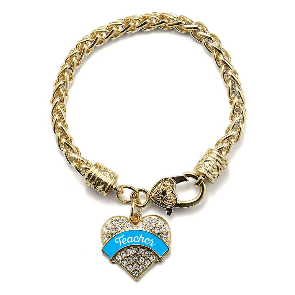 Gold Blue Teacher Pave Heart Charm Braided Bracelet