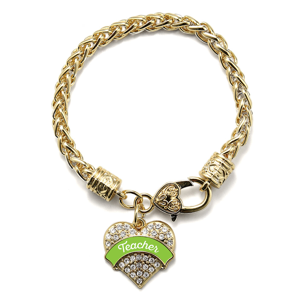 Gold Lime Green Teacher Pave Heart Charm Braided Bracelet