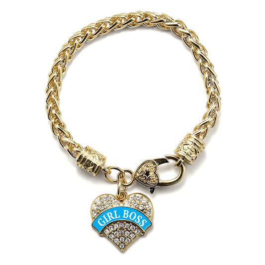Gold Blue Girl Boss Pave Heart Charm Braided Bracelet