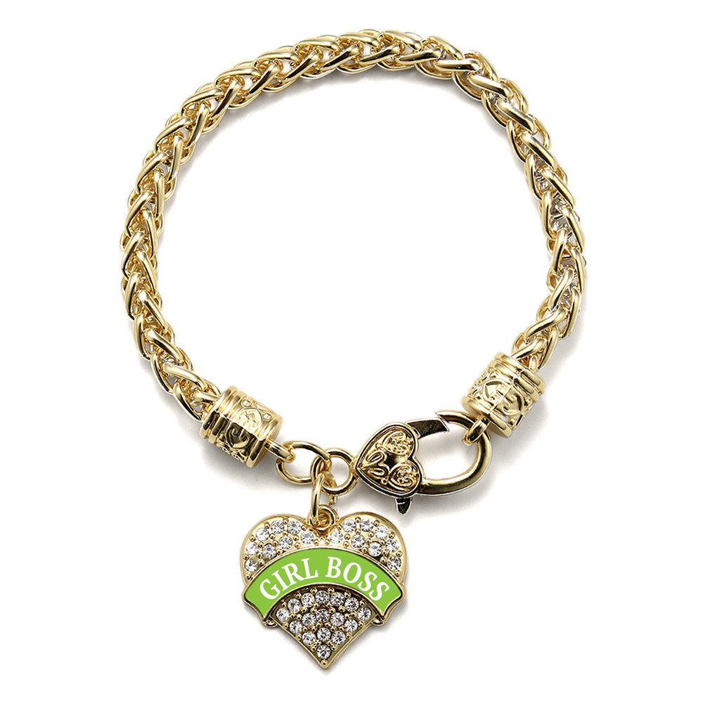 Gold Lime Green Girl Boss Pave Heart Charm Braided Bracelet