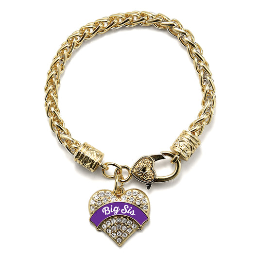 Gold Purple Big Sister Pave Heart Charm Braided Bracelet