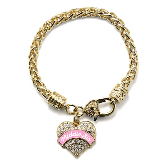 Gold Pink Middle Sister Pave Heart Charm Braided Bracelet
