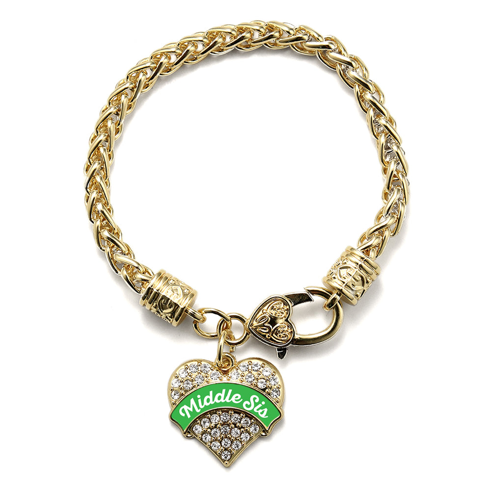 Gold Emerald Green Middle Sister Pave Heart Charm Braided Bracelet
