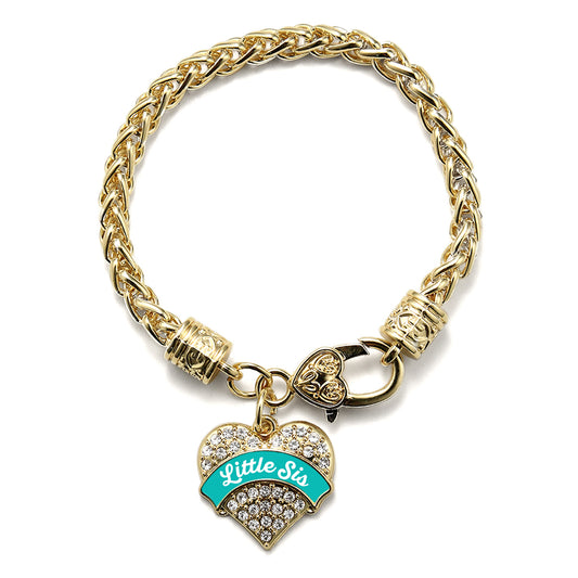 Gold Teal Little Sister Pave Heart Charm Braided Bracelet
