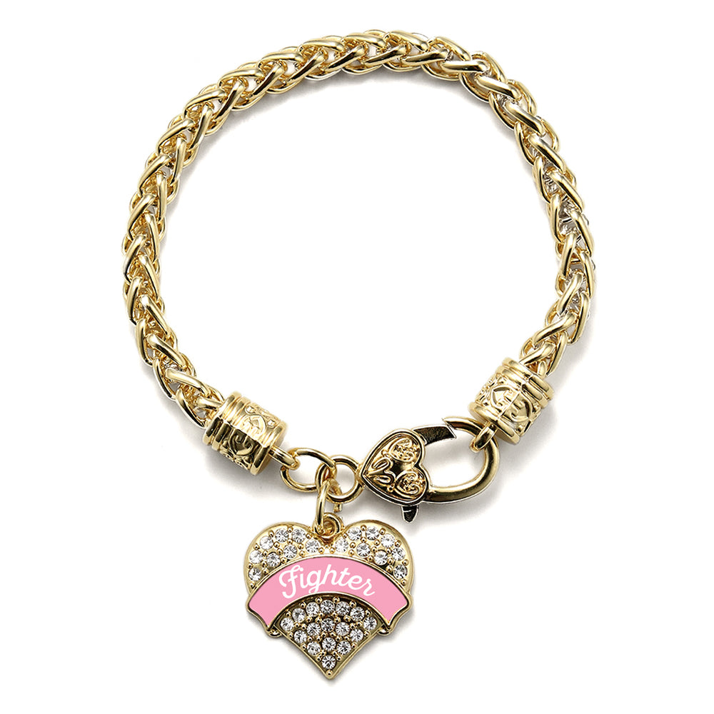 Gold Pink Script Fighter Breast Cancer Support Pave Heart Charm Braided Bracelet