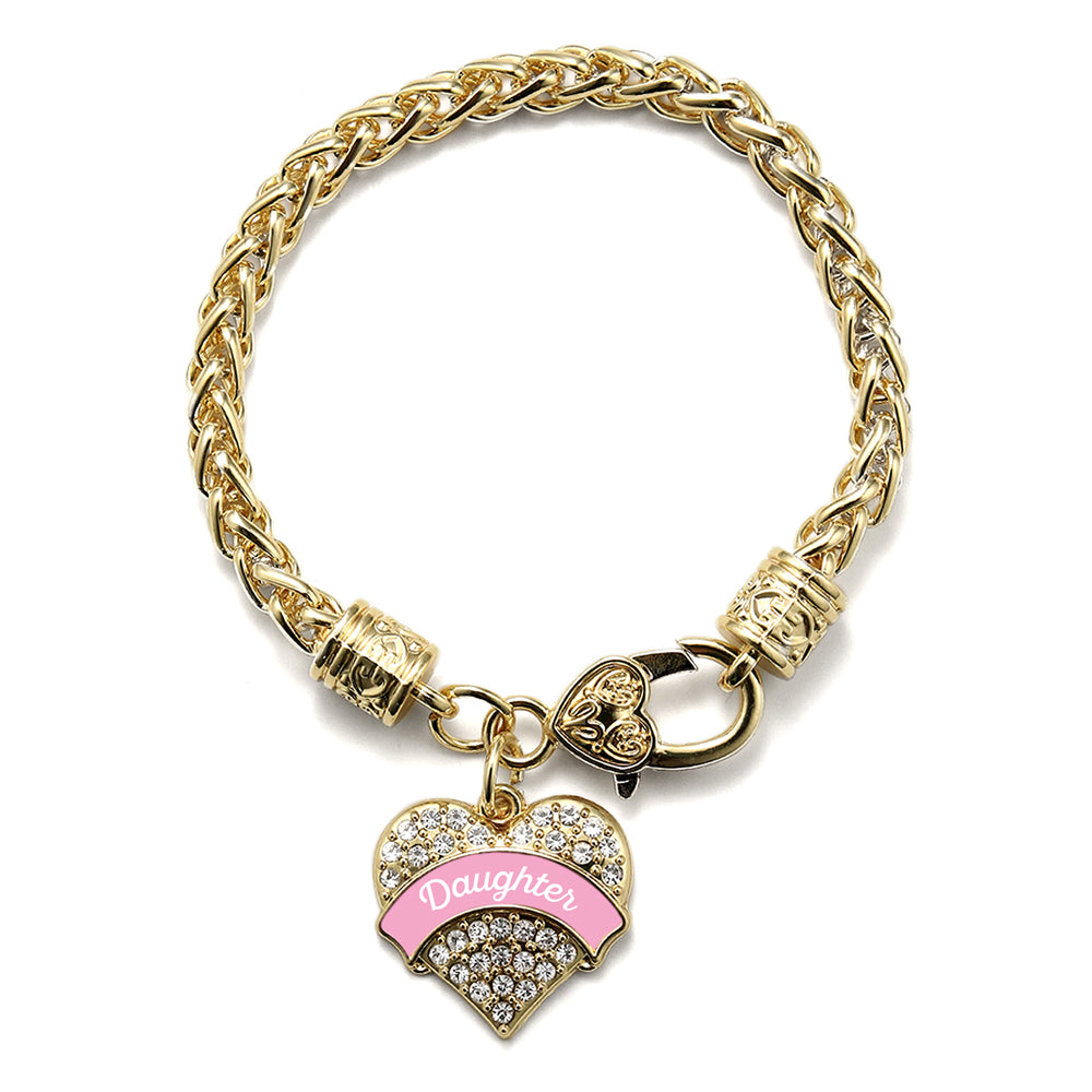 Gold Pink Daughter Pave Heart Charm Braided Bracelet