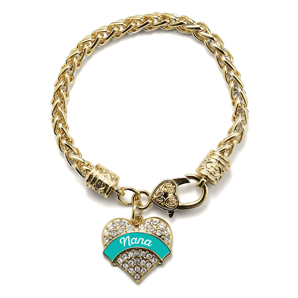 Gold Teal Nana Pave Heart Charm Braided Bracelet