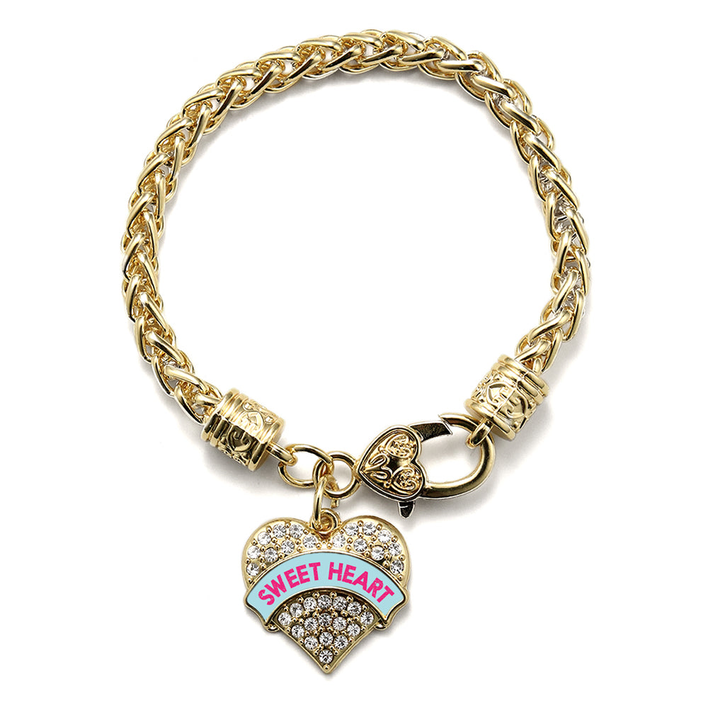 Gold Sweet Heart Teal Candy Pave Heart Charm Braided Bracelet