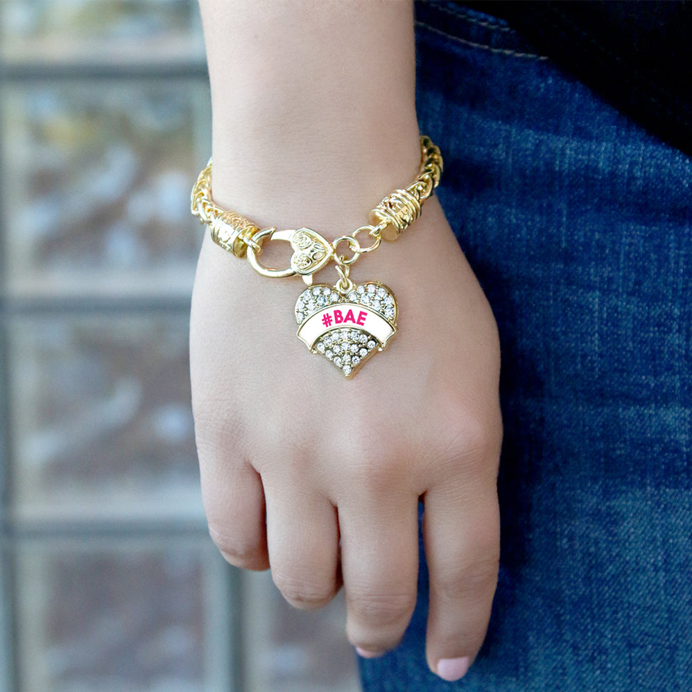 Gold #BAE White Candy Pave Heart Charm Braided Bracelet
