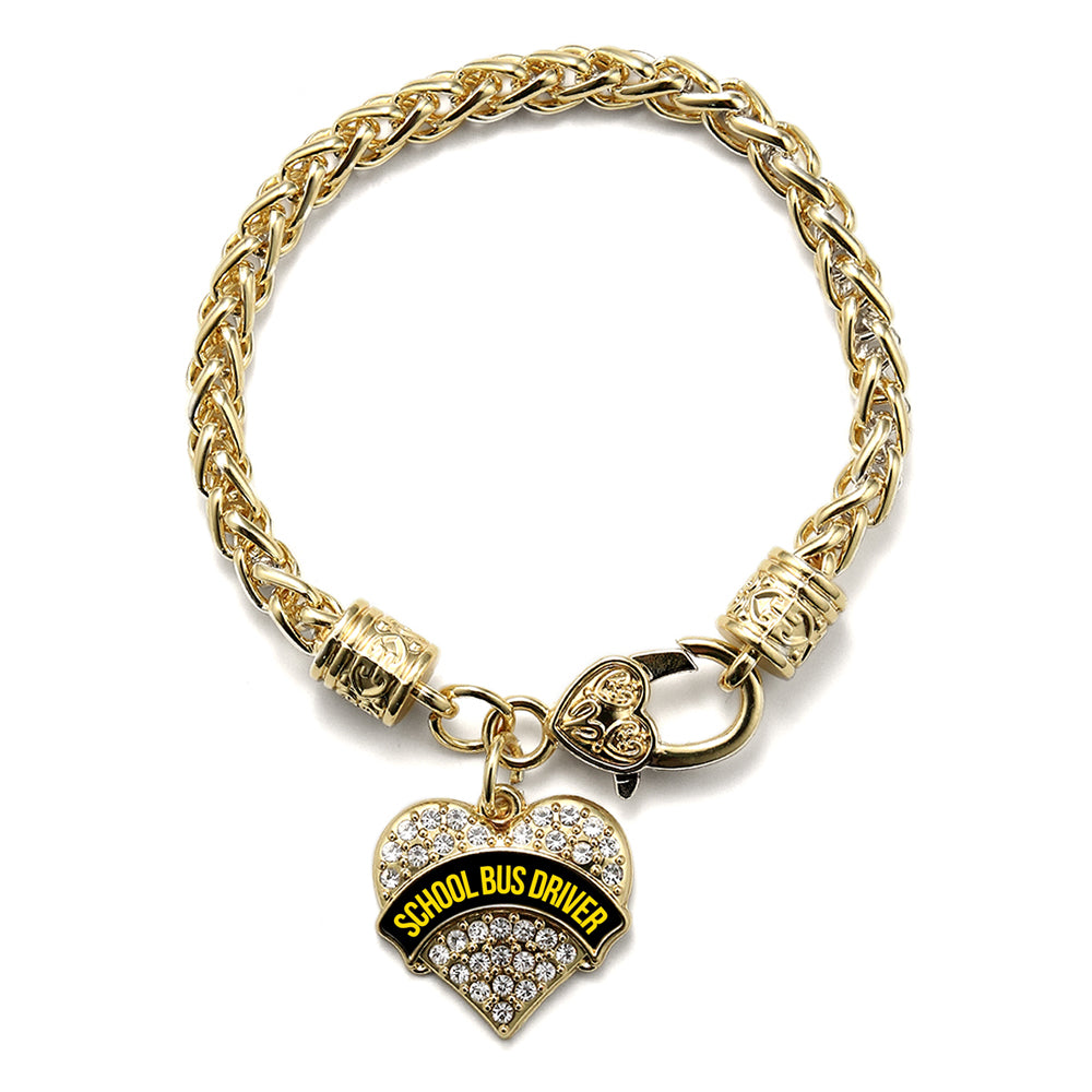 Gold Black and Yellow School Bus Driver Pave Heart Charm Braided Bracelet