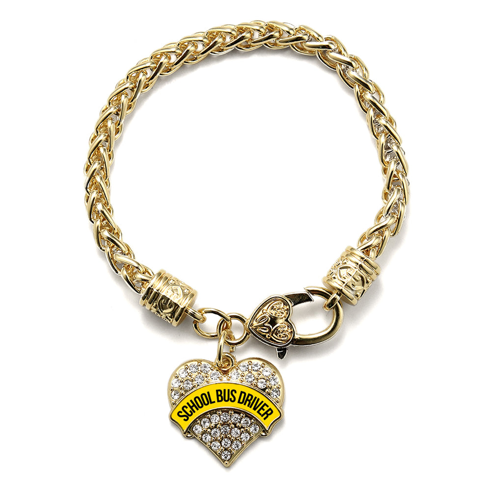 Gold Yellow and Black School Bus Driver Pave Heart Charm Braided Bracelet