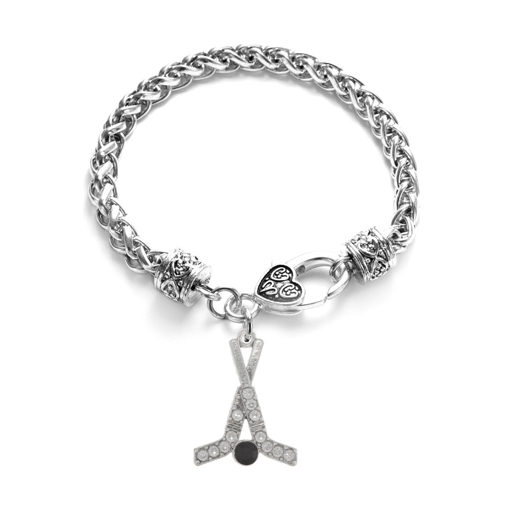 Silver Hockey Sticks & Puck Charm Braided Bracelet