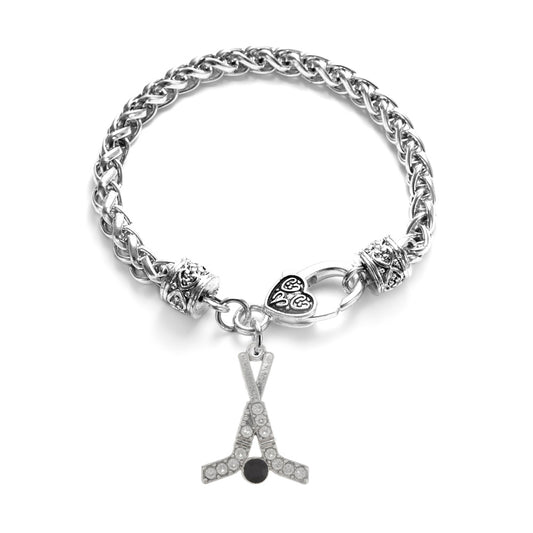 Silver Hockey Sticks & Puck Charm Braided Bracelet