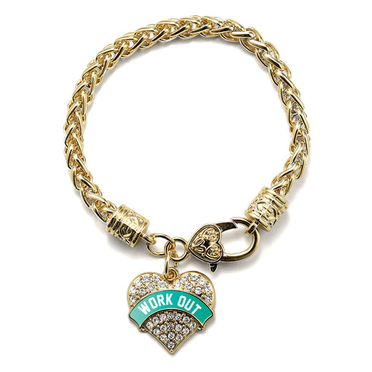 Gold Teal Work Out Pave Heart Charm Braided Bracelet