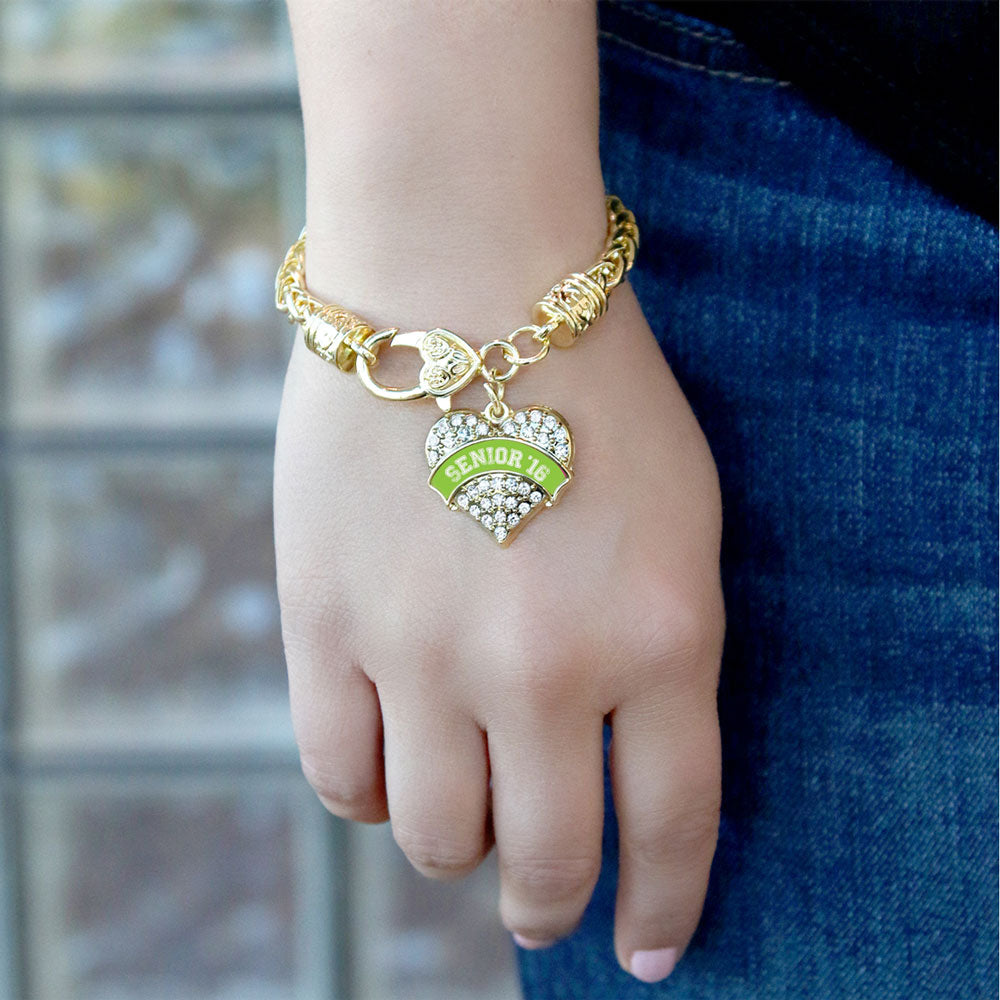 Gold Lime Green Senior 2016 Pave Heart Charm Braided Bracelet