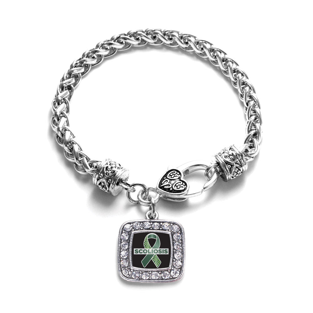 Silver Scoliosis Support and Awareness Square Charm Braided Bracelet