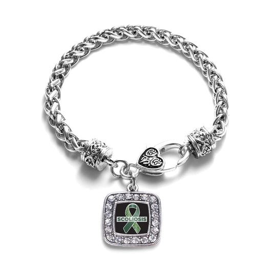 Silver Scoliosis Support and Awareness Square Charm Braided Bracelet