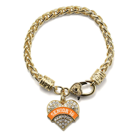 Gold Orange Senior 2016 Pave Heart Charm Braided Bracelet
