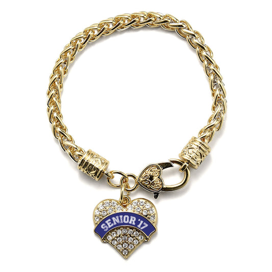 Gold Navy Blue Senior 2017 Pave Heart Charm Braided Bracelet