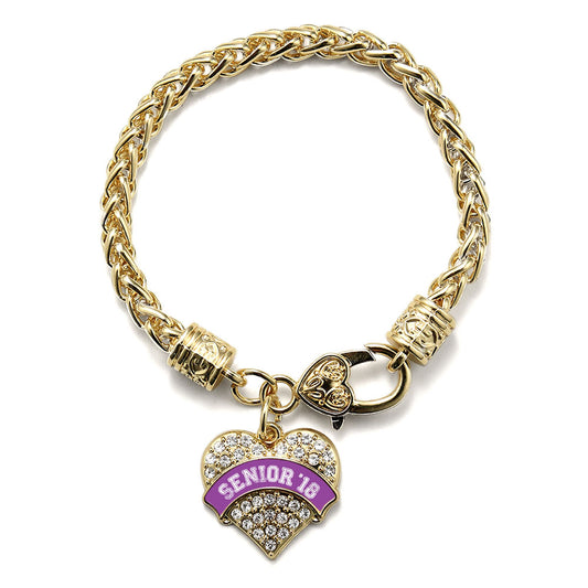 Gold Purple Senior 2018 Pave Heart Charm Braided Bracelet