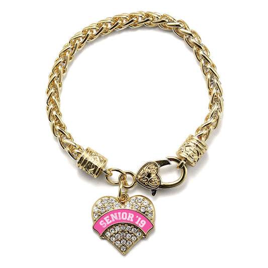 Gold Pink Senior 2019 Pave Heart Charm Braided Bracelet