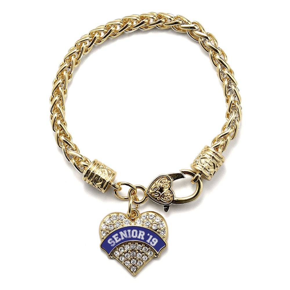 Gold Navy Blue Senior 2019 Pave Heart Charm Braided Bracelet
