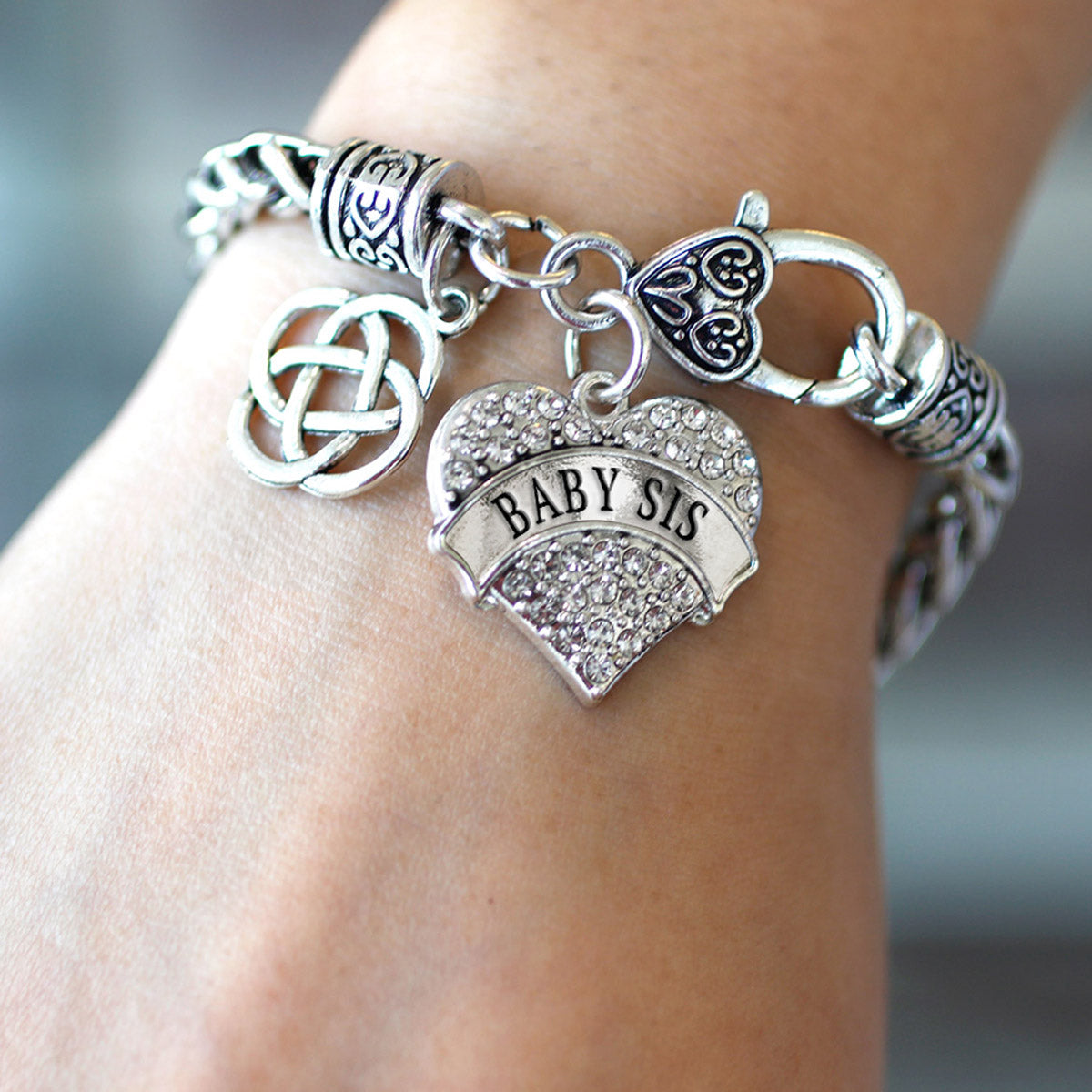 Silver Baby Sis Celtic Knot Pave Heart Charm Braided Bracelet