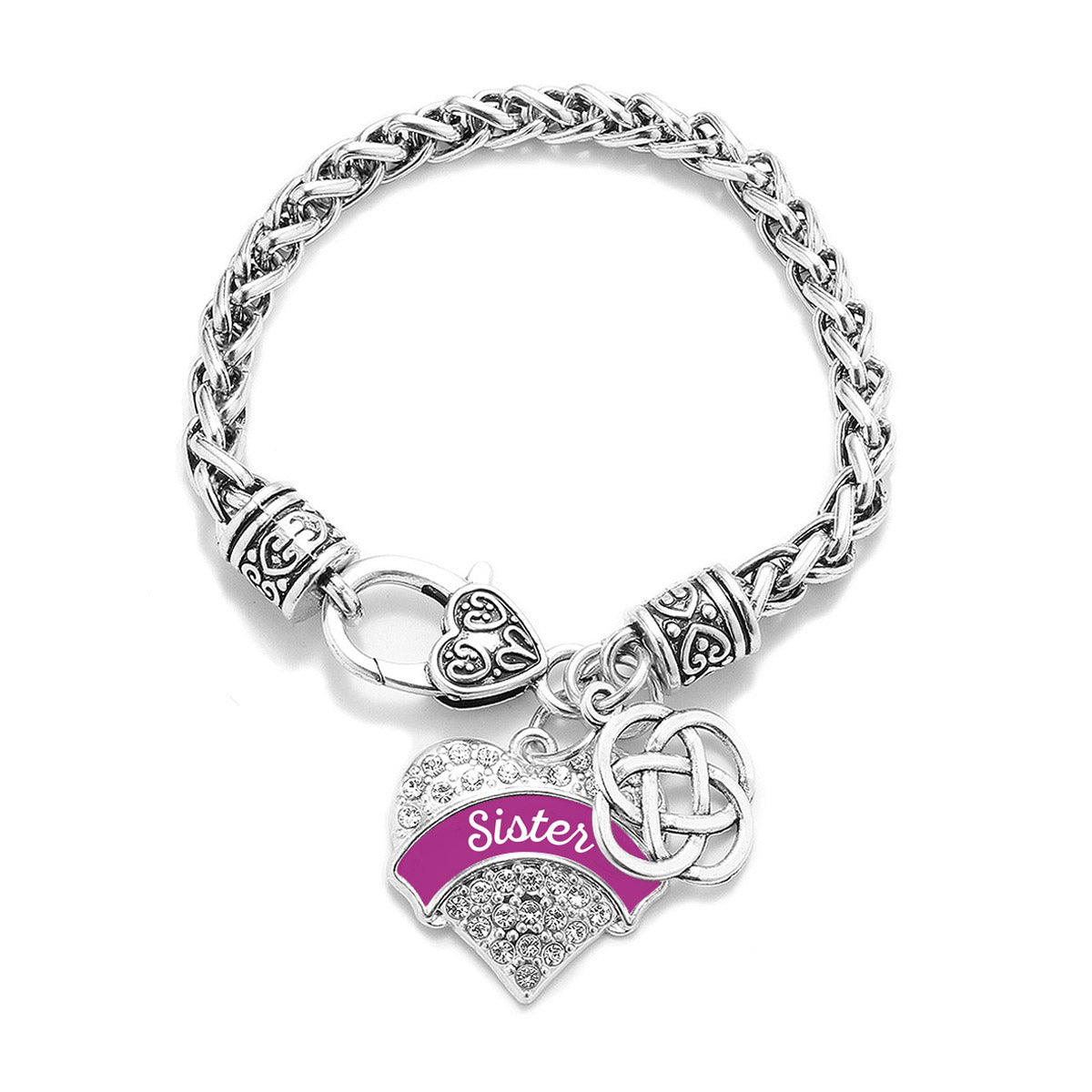 Silver Magenta Sister Celtic Knot Pave Heart Charm Braided Bracelet