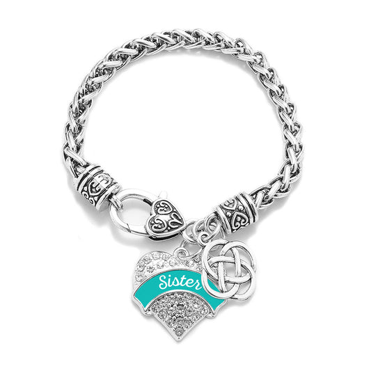 Silver Teal Sister Celtic Knot Pave Heart Charm Braided Bracelet