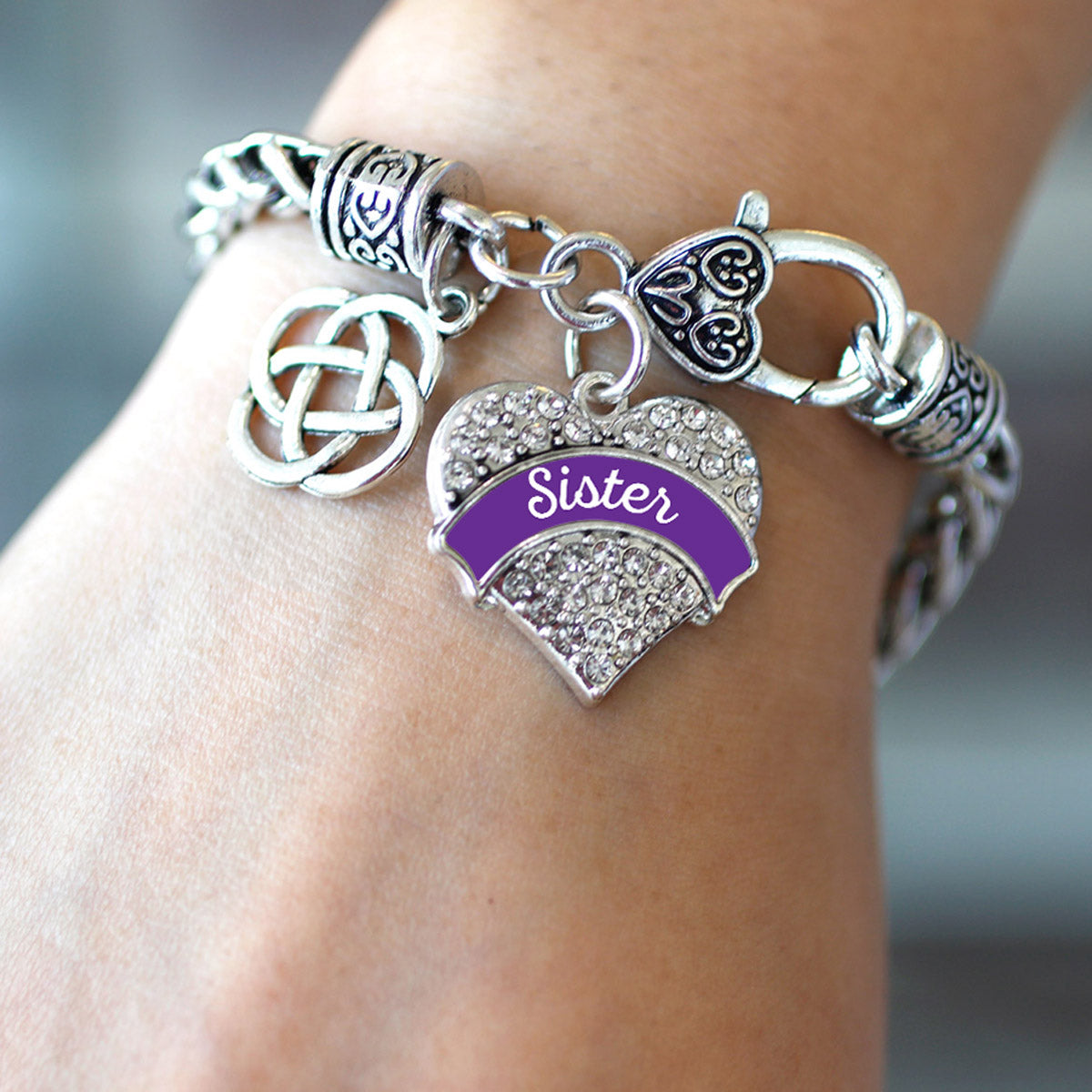 Silver Purple Sister Celtic Knot Pave Heart Charm Braided Bracelet