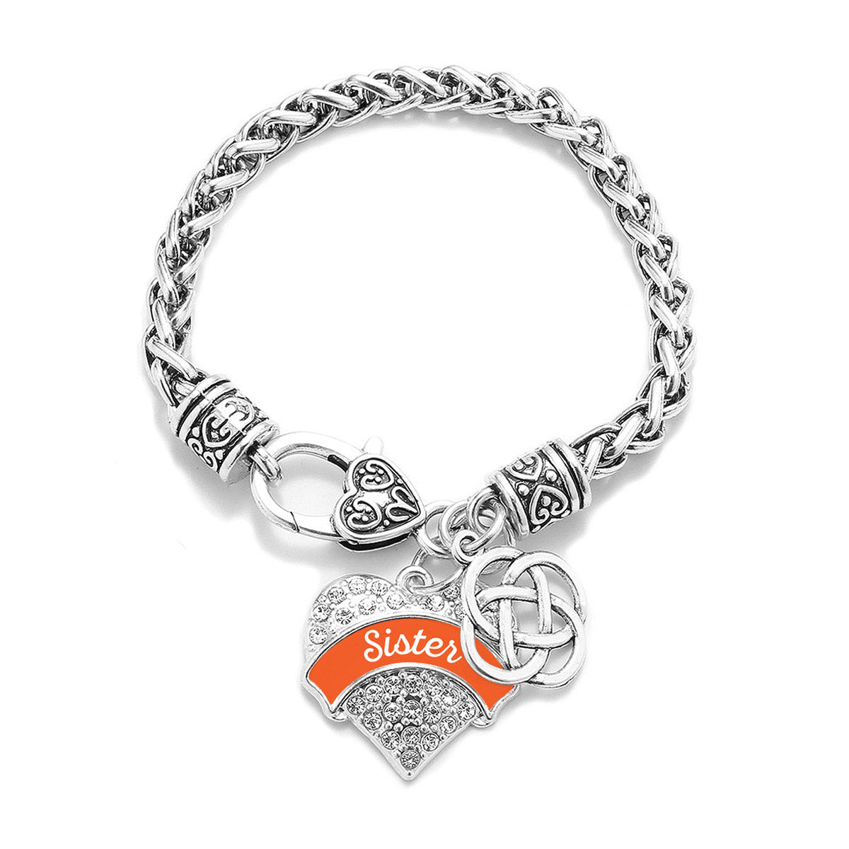 Silver Orange Sister Celtic Knot Pave Heart Charm Braided Bracelet