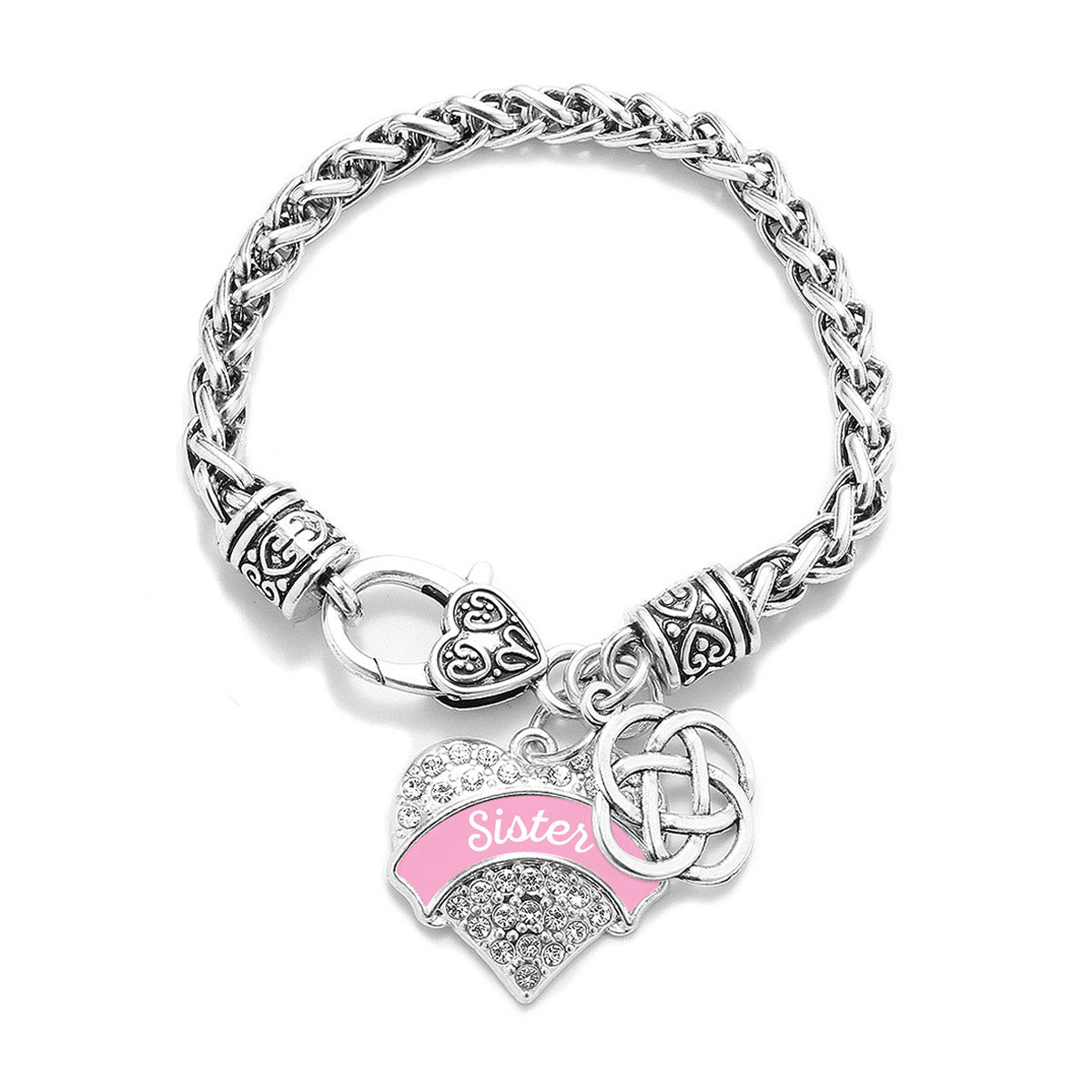 Silver Light Pink Sister Celtic Knot Pave Heart Charm Braided Bracelet