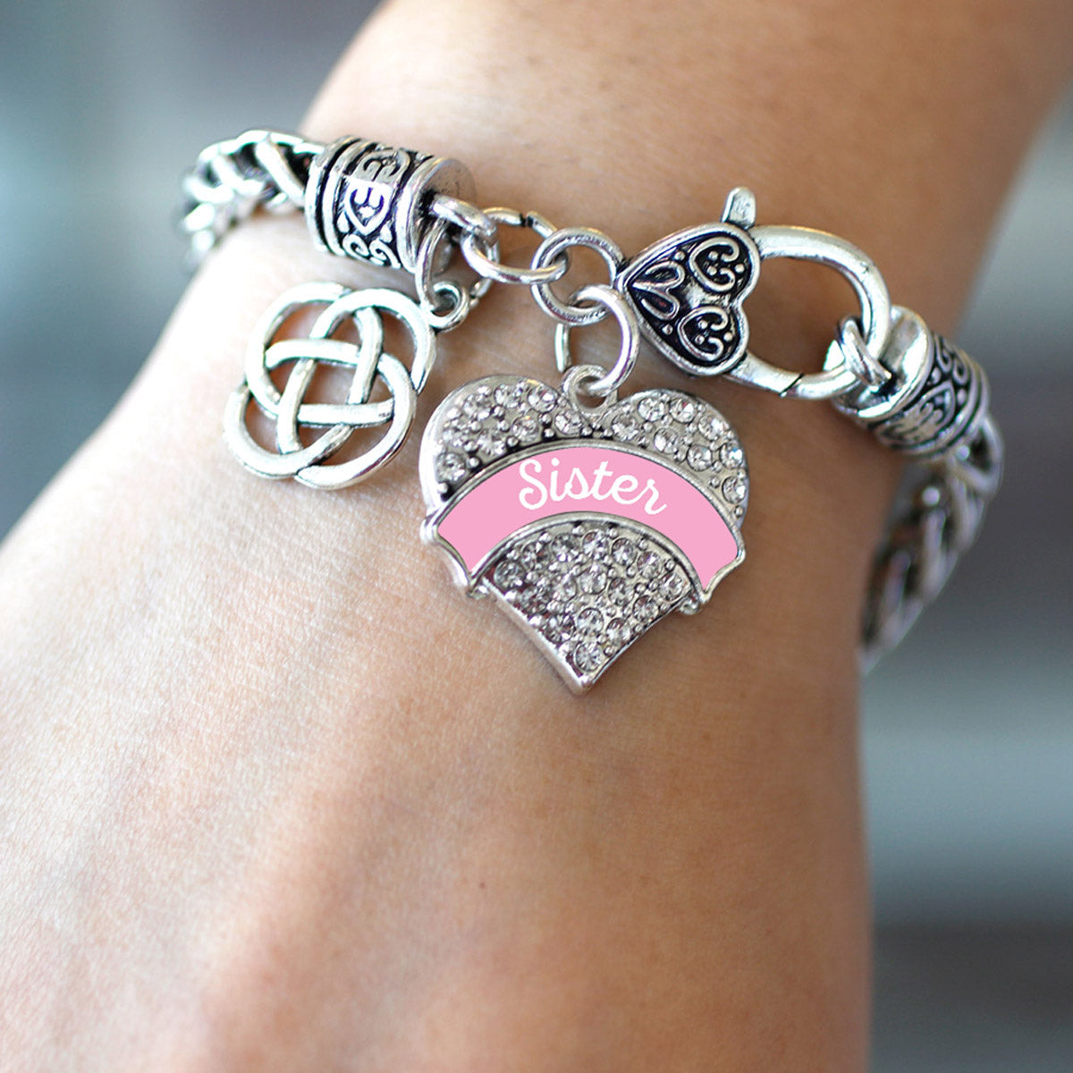 Silver Light Pink Sister Celtic Knot Pave Heart Charm Braided Bracelet