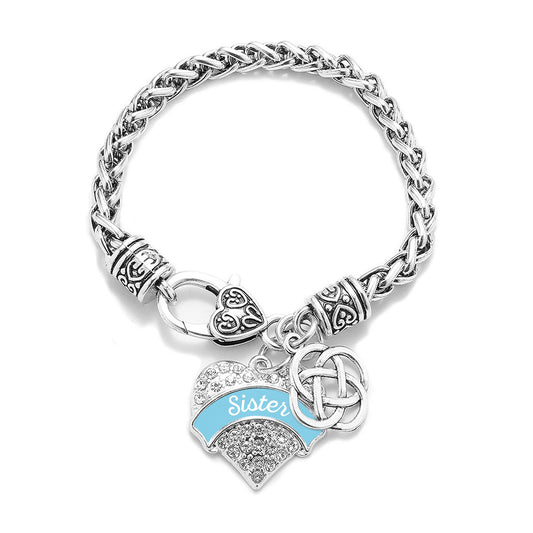Silver Light Blue Sister Celtic Knot Pave Heart Charm Braided Bracelet
