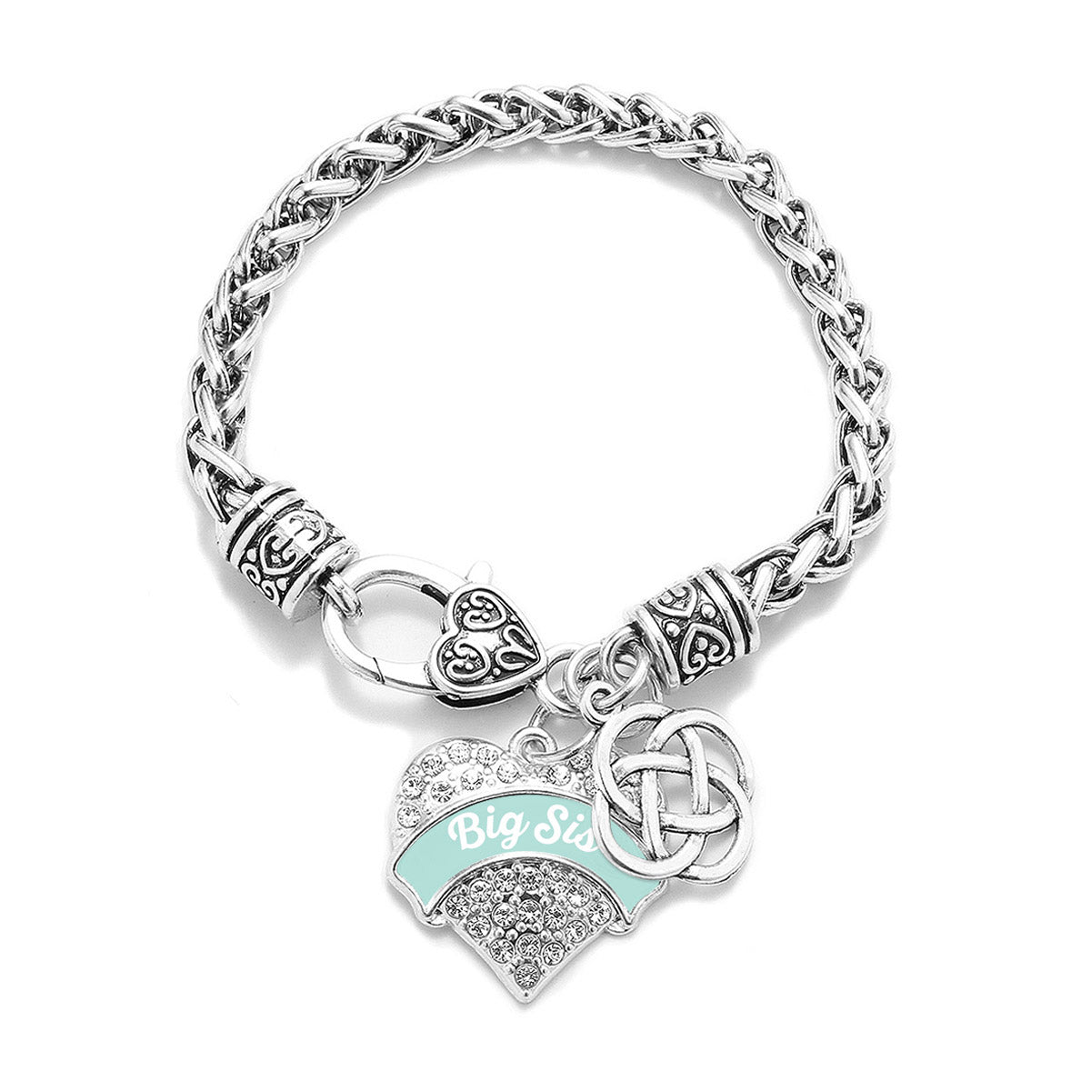 Silver Mint Big Sis Celtic Knot Pave Heart Charm Braided Bracelet