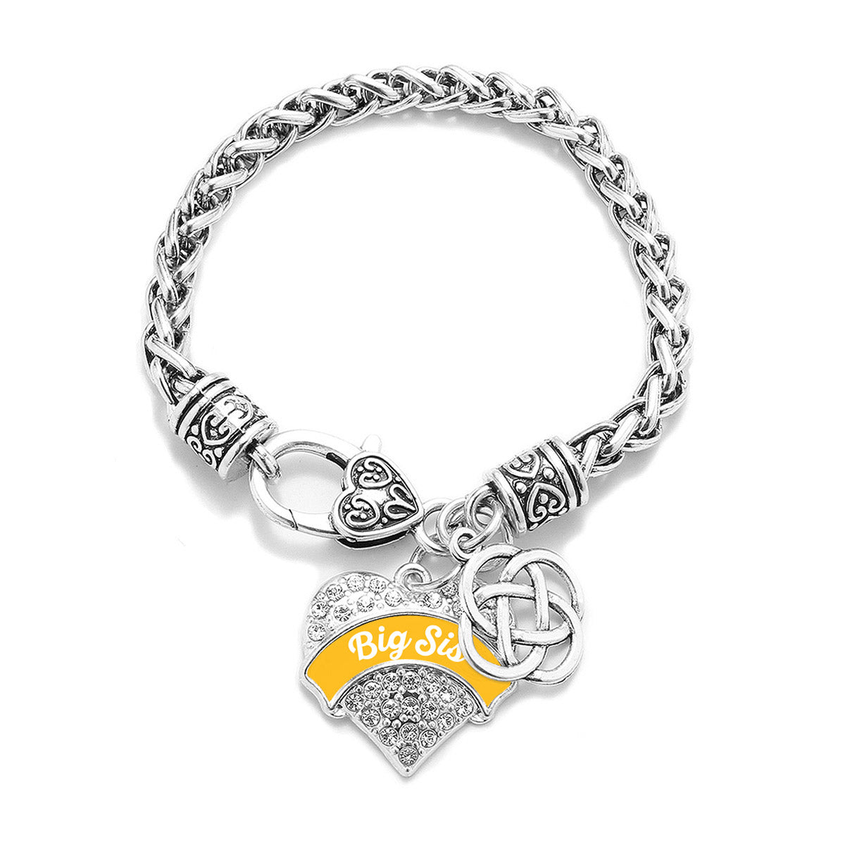 Silver Marigold Big Sis Celtic Knot Pave Heart Charm Braided Bracelet