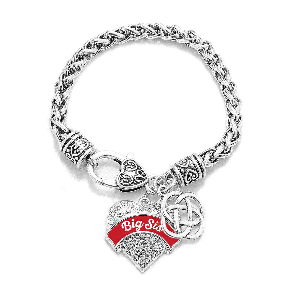 Silver Red Big Sis Celtic Knot Pave Heart Charm Braided Bracelet