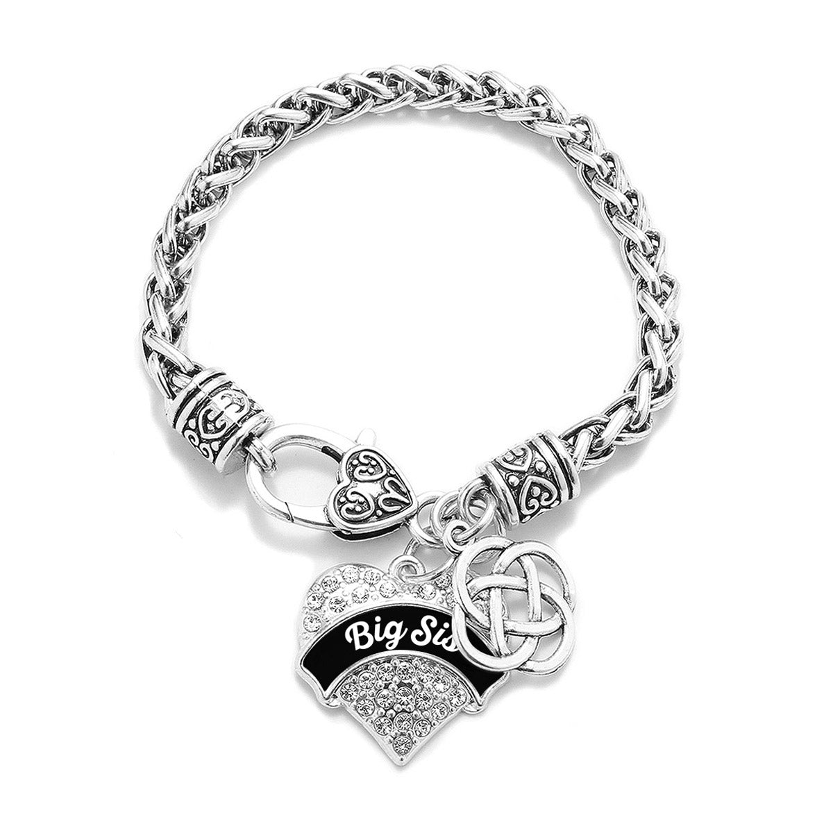Silver Black and White Big Sis Celtic Knot Pave Heart Charm Braided Bracelet