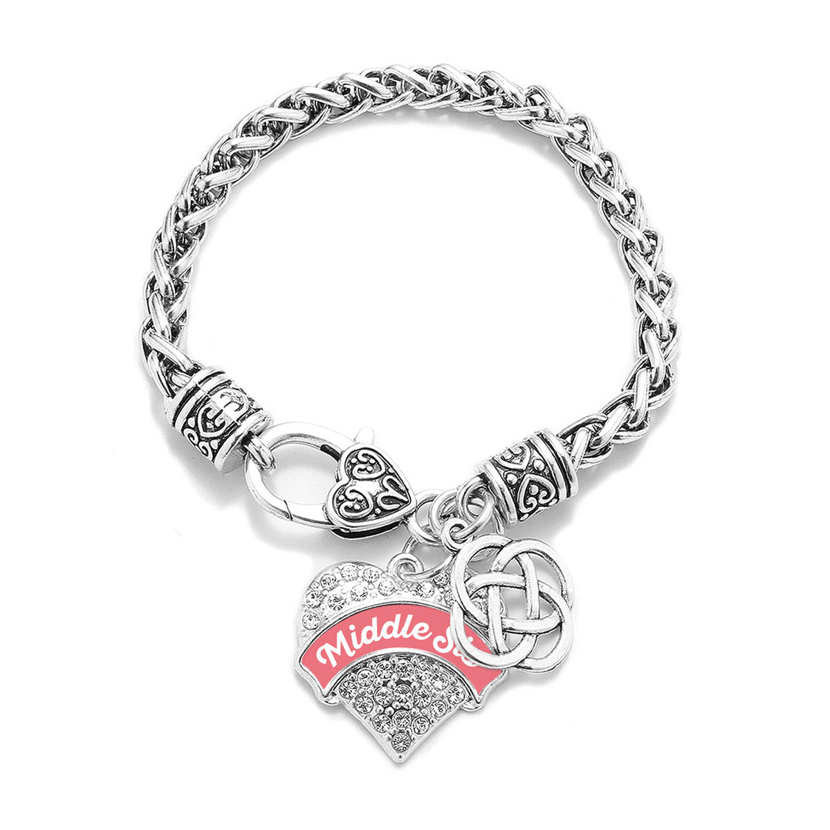 Silver Coral Middle Sis Celtic Knot Pave Heart Charm Braided Bracelet